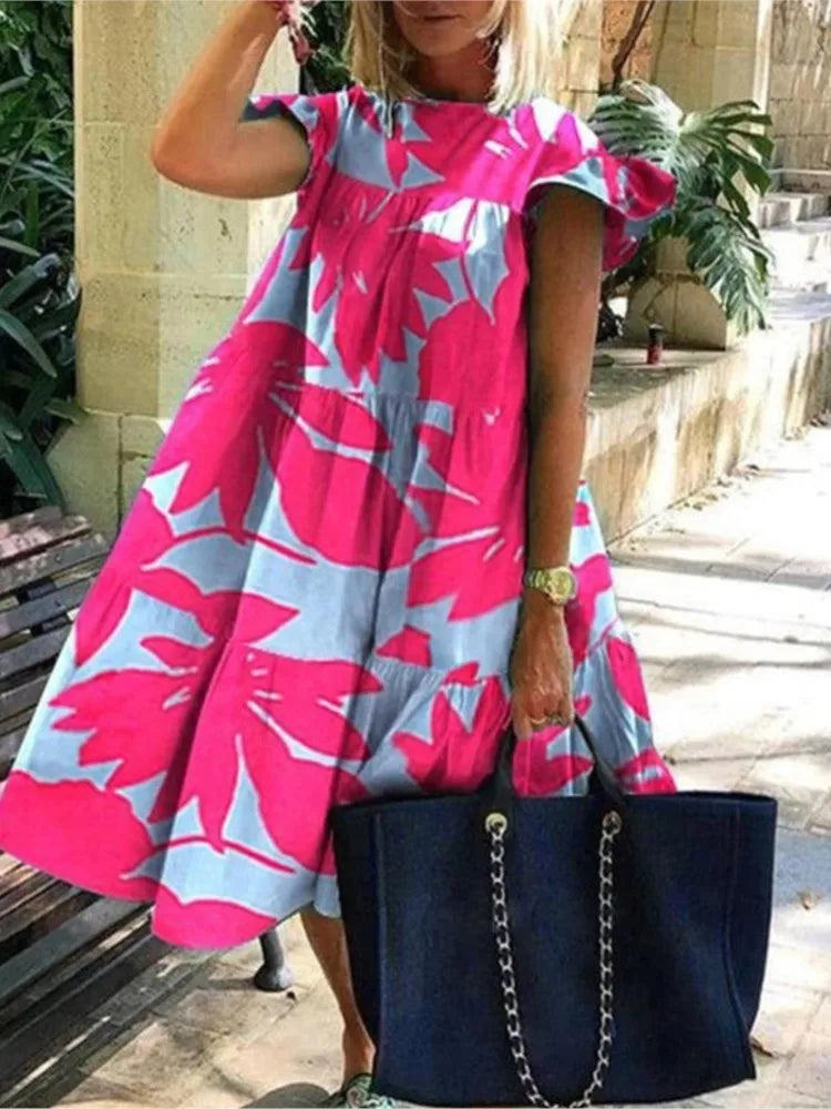 Summer Fashion Boho Print Dress Lady Casual O-Neck Pullover Ruffles Short Sleeve Loose Dresses For Women Holiday Beach Dress New